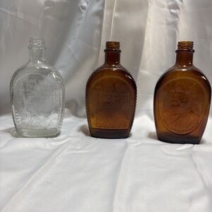3- Vintage Log Cabin Syrup Bottle Good Condition Ben Franklin, Statue Of Liberty